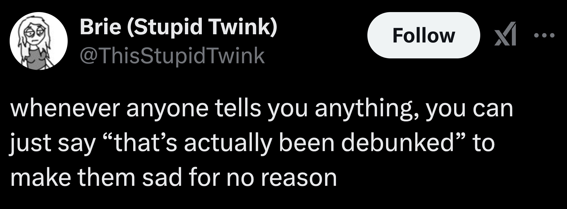 parallel - Brie Stupid Twink Twink whenever anyone tells you anything, you can just say "that's actually been debunked" to make them sad for no reason